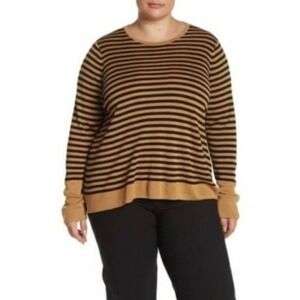 NEW! EILEEN FISHER SWEATER PULLOVER TENCEL & SILK STRIPED Tan Gold  Sz 3X